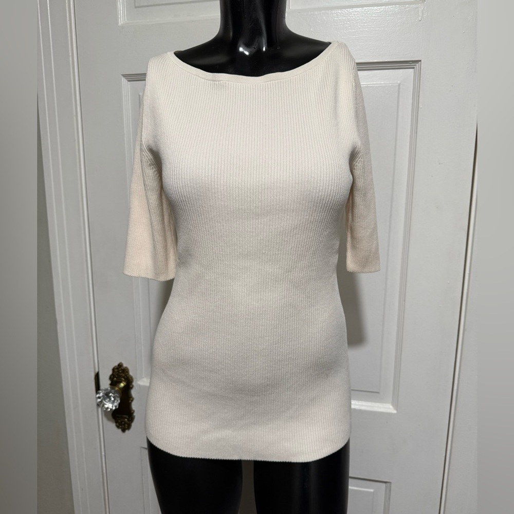 Ann Taylor Womens Knit Shirt Top Size Medium Cream Ribbed Stretch